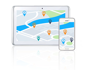 Image showing Tablet, smartphone or online location to travel on city road map or direction route on screen or white background. Mockup, digital or mobile app ux journey display, global navigation or virtual guide