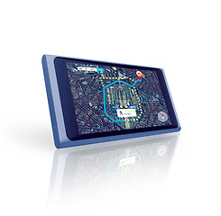 Image showing Tablet, screen or location search to travel on digital global road maps or direction route on white background. Mockup, worldwide or mobile app ux display of journey trip, navigation or virtual guide