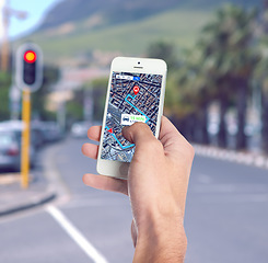 Image showing Hand, roadmap and hand with cellphone in the city for travel, discovery or sightseeing direction. Technology, location and phone with online navigation app for trip route in urban town street or road