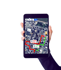 Image showing Hands with tablet, screen or direction of location for city travel on road map or route on white background. Mockup or person with mobile app ux display of journey trip, navigation or virtual guide