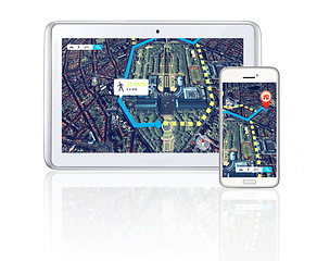 Image showing Tablet, phone or virtual location to travel on city road maps or direction route on screen or white background. Mockup, digital or mobile app ux journey trip display, global navigation or iot guide