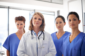 Image showing Doctor, nurses and portrait of hospital group or women leadership in clinic team or surgeons for diversity in healthcare. Wellness, professional and teamwork or collaboration and medical student