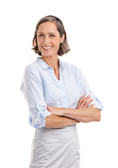 Image showing Portrait, smile and business woman with arms crossed in studio isolated on a white background. Face, professional and mature female entrepreneur from Australia with confidence mindset and happiness.