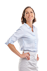 Image showing Portrait, smile and business woman akimbo in studio isolated on a white background. Face, professional and mature female entrepreneur from Australia with confidence, happiness and hands on hips.