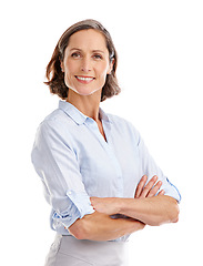 Image showing Portrait, happy and business woman arms crossed in studio isolated on a white background. Face, professional and mature female entrepreneur from Australia with confidence mindset and happiness.