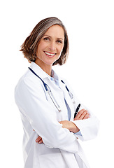 Image showing Portrait, woman and happy doctor with arms crossed in studio isolated on a white background. Healthcare, face and mature female medical professional from Australia with confidence and a smile.