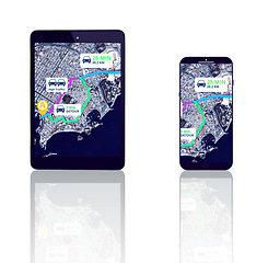 Image showing Tablet, mobile app or street location to travel on city road maps or direction route or white background. Mockup, digital ux or phone screen of journey display, global navigation or virtual guide