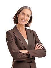 Image showing Portrait, business woman and smile with arms crossed in studio isolated on a white background. Face, boss and mature female ceo, professional or executive from Australia with confidence and happy.