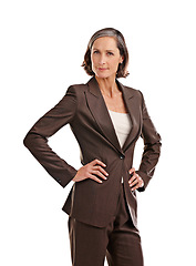 Image showing Portrait, business woman and serious akimbo in studio isolated on a white background. Face, boss and mature female ceo, professional or executive from Australia with confidence and hands on hips.