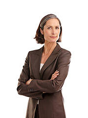 Image showing Portrait, business woman and serious with arms crossed in studio isolated on a white background. Face, boss and mature female ceo, professional or executive from Australia with confidence mindset.