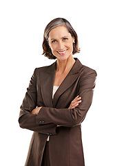 Image showing Portrait, business woman and happy with arms crossed in studio isolated on a white background. Face, boss and mature female ceo, professional or executive from Australia with smile for confidence.