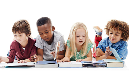 Image showing Reading, books and children learning on the floor or students together and on a white background. Kids, information and development or school growth or friends happy to learn and isolated in studio
