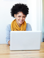 Image showing Portrait, laptop and happy woman or student with e learning platform, university registration or college application online. Face of African person on computer at desk for remote education or study