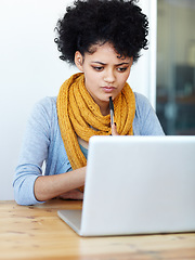 Image showing Computer, pen and woman thinking in online education, ideas and planning university, college or school application. Decision, choice and african person on laptop, e learning web or internet research