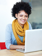 Image showing Laptop, portrait and happy woman or student for online education, studying course and university planning at desk. Creative, smile and face of african person on computer, web and scholarship research