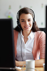 Image showing Call center, happy woman and portrait in office communication, virtual support and computer software. Face of young agent, web advisor or person with customer services helping or telemarketing job