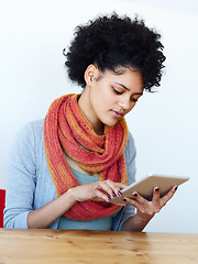 Image showing Tablet, search and young woman thinking of online education, college website or university application results. E learning, scholarship and african person on digital technology, review and research