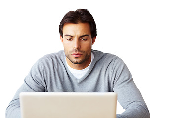 Image showing Computer, research and business man isolated on a white background for startup, career planning or website design ideas. Creative, focus and serious person or online user reading on laptop in studio