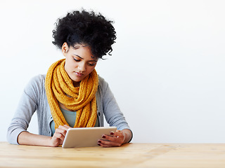 Image showing Tablet, online and young woman isolated on wall background for college, university or studying platform mockup. E learning, scholarship and african person on digital technology, website and research