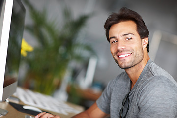 Image showing Office, computer and happy man in portrait for creative project, business startup or online planning in career mindset. Face of a graphic designer on desktop pc working and smile for job opportunity