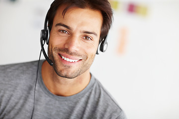 Image showing Portrait, call center and happy man in startup for virtual communication online support or e learning consultant. Face of agent, web advisor or person with elearning services, helping and course info