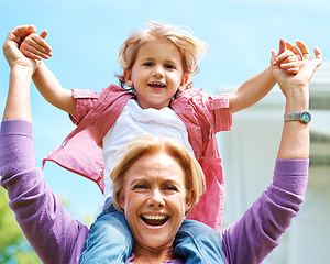 Image showing Happy, portrait and piggyback with grandmother and grandson for smile, fun and together. Care, weekend and generations with face of old woman and young child for family, love and happiness