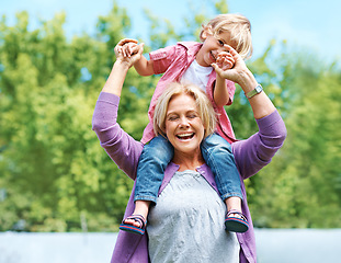 Image showing Happy, fun and piggyback with grandmother and grandson for bonding, playful and affectionate. Free time, weekend and generations with old woman and young boy for family, laughing and happiness