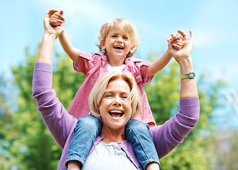 Image showing Happy, smile and piggyback with grandmother and grandson for bonding, fun and affectionate. Free time, weekend and generations with old woman and young boy for family, laughing and happiness