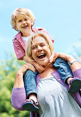 Image showing Happy, laughing and piggyback with grandmother and child for bonding, fun and affectionate. Free time, weekend and generations with old woman and young boy for family, playful and happiness