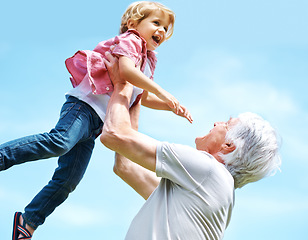 Image showing Smile, lifting and laugh with grandfather and grandson for bonding, affectionate and free time. Happiness, fun and playing with old man and young boy for family, generations and carefree mockup