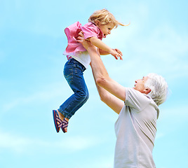 Image showing Fun, lifting and playful with grandfather and grandson for bonding, affectionate and free time. Love, smile and playing with old man and boy for family and generations on blue sky mockup space