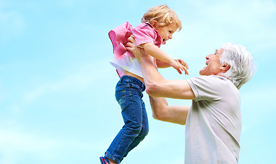 Image showing Happy, lifting and fun with grandfather and grandson for bonding, affectionate and free time space. Happiness, smile and playing with old man and young boy for family, generations and blue sky mockup