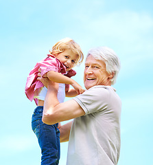 Image showing Happy, lifting and portrait of grandfather and grandson for bonding, affectionate and free time. Happiness, fun and playing with old man and young boy for family, generations and blue sky mockup