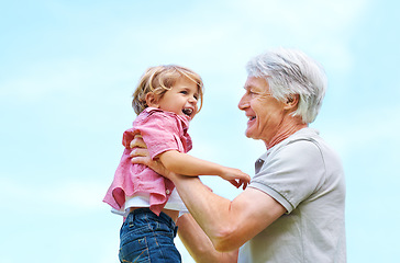 Image showing Smile, lifting and playful with grandfather and grandson for bonding, affectionate and free time. Happiness, fun and playing with old man and young boy for family and blue sky with mockup space