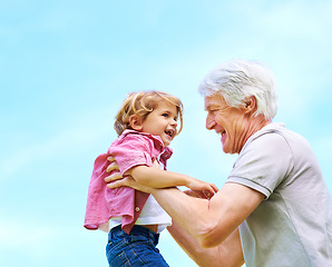 Image showing Happy, lifting and smile with grandfather and grandson for bonding, affectionate and free time. Happiness, fun and playing with old man and boy for family generations on blue sky mockup with space