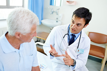 Image showing Doctor, senior man patient and talk with information, results and news with consulting health in retirement at clinic. Men, medic and consultation for wellness, healthcare and discussion in hospital