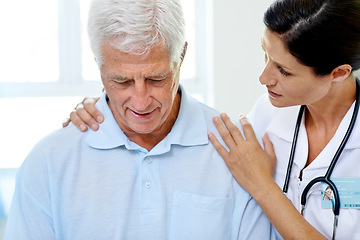 Image showing Support, woman doctor and sad old man in hospital for advice, help and consultation at senior care clinic. Retirement, mental health and medical professional counselling elderly patient with anxiety.