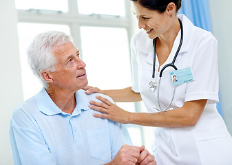 Image showing Help, woman doctor and old man in nursing home for advice, comfort and support at senior care clinic. Retirement hospital, counselling and elderly patient with nurse or professional medical caregiver