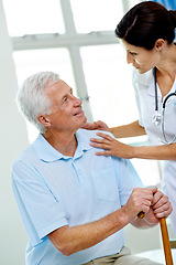 Image showing Retirement, woman doctor and old man with cane in hospital, advice and help in support at senior care clinic. Nursing home, healthcare consultation and trust, person with disability on bed with nurse