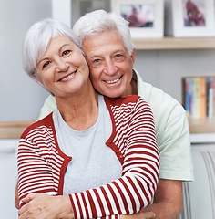 Image showing Senior couple, portrait and face with smile, love and care together for quality time at home. Happy elderly man, old woman and embrace in hug for relax retirement, loyalty and support of happiness