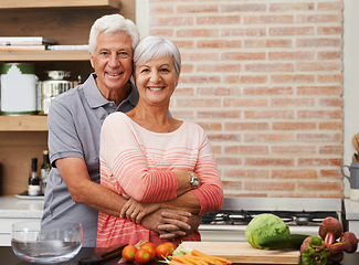 Image showing Cooking, hug and portrait of old couple in kitchen for salad, love and nutrition. Happy, smile and retirement with senior man and woman cutting vegetables at home for food, dinner and recipe