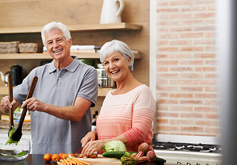 Image showing Cooking, help and portrait of old couple in kitchen for salad, love and nutrition. Happy, smile and retirement with senior man and woman cutting vegetables at home for food, dinner and recipe