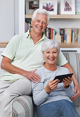 Image showing Portrait, senior couple and smile with tablet, sofa and home for social media, online news app and ebook. Happy old man, woman and digital technology for subscription, website and internet connection