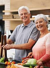 Image showing Cooking, salad and portrait of old couple in kitchen for health, love and nutrition. Happy, smile and retirement with senior man and woman cutting vegetables at home for food, dinner and recipe