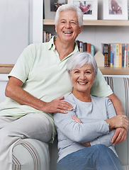 Image showing Senior couple, portrait and smile in living room for love, care and quality time together at home. Face of happy elderly man, old woman and enjoy retirement, support and relax in relationship