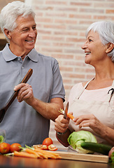 Image showing Cooking, health and lunch with old couple in kitchen for salad, love and nutrition. Happy, smile and retirement with senior man and woman cutting vegetables at home for food, dinner and recipe