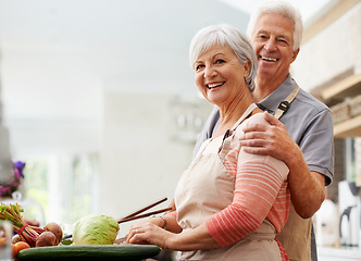 Image showing Cooking, nutrition and portrait of old couple in kitchen for salad, love and health. Happy, smile and retirement with senior man and woman cutting vegetables at home for food, dinner or recipe mockup