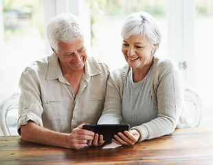 Image showing Tablet, happy senior couple and online in house with social media, reading news app and ebook. Retirement, old man and woman with digital technology for subscription, streaming and network connection