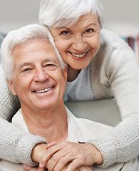 Image showing Senior, happy couple and portrait smile with hug for love, romance or embrace in relationship or marriage at home. Elderly woman face hugging man smiling for care or bonding together in retirement