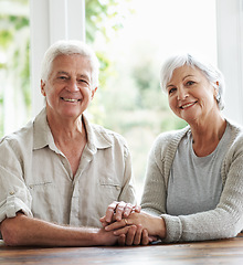 Image showing Portrait, smile and senior couple holding hands in support, love and relax together at home. Happy old man, woman and helping hand for trust, care and loyalty to life partner, respect and gratitude